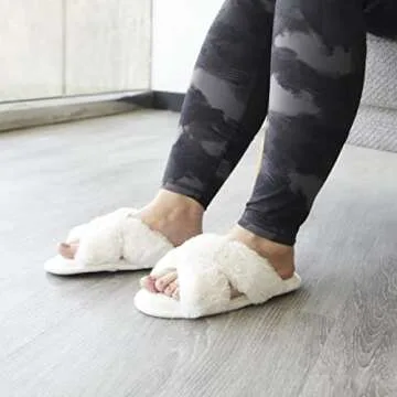 Dearfoams womens Jessica Furry Cross Band Slide Slipper, Alabaster, Small US