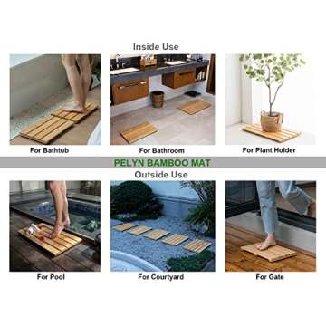 PELYN Bamboo Shower Bath Mat for Bathroom, Non-Slip Bamboo Wood Bathroom Mats for Inside or Outside (19.7 x 12.2 inches)