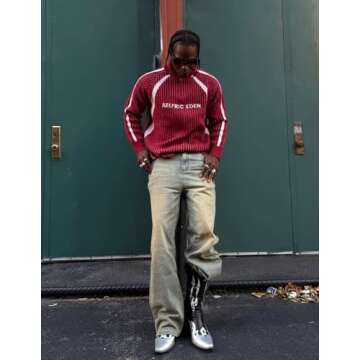 Aelfric Eden Vintage Striped Quarter Zip Sweaters for Women Knit Long Sleeve Drop Shoulder Pullover Sweater Y2K Fall Outfits Red X-Small