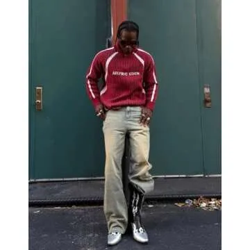 Aelfric Eden Vintage Striped Quarter Zip Sweaters for Women Knit Long Sleeve Drop Shoulder Pullover Sweater Y2K Fall Outfits Red X-Small