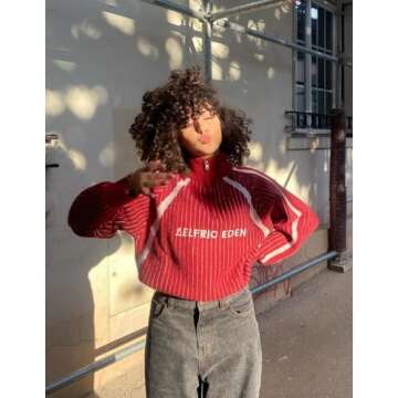 Aelfric Eden Vintage Striped Quarter Zip Sweaters for Women Knit Long Sleeve Drop Shoulder Pullover Sweater Y2K Fall Outfits Red X-Small