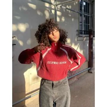 Aelfric Eden Vintage Striped Quarter Zip Sweaters for Women Knit Long Sleeve Drop Shoulder Pullover Sweater Y2K Fall Outfits Red X-Small