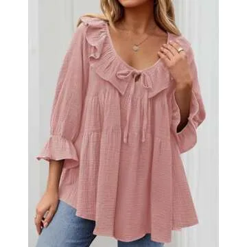 ZESICA Womens Scoop Neck 3/4 Length Sleeve Tops Casual Tie Front Ruffle Tiered Loose Tunic Shirts Bl...