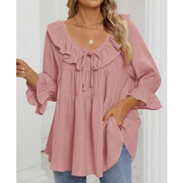 ZESICA Womens Scoop Neck 3/4 Length Sleeve Tops Casual Tie Front Ruffle Tiered Loose Tunic Shirts Blouses Spring Outfits,Pink,Large
