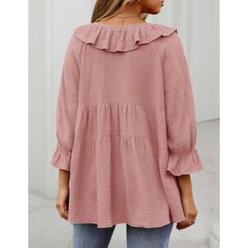 ZESICA Womens Scoop Neck 3/4 Length Sleeve Tops Casual Tie Front Ruffle Tiered Loose Tunic Shirts Blouses Spring Outfits,Pink,Large
