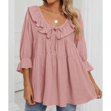 ZESICA Womens Scoop Neck 3/4 Length Sleeve Tops Casual Tie Front Ruffle Tiered Loose Tunic Shirts Blouses Spring Outfits,Pink,Large