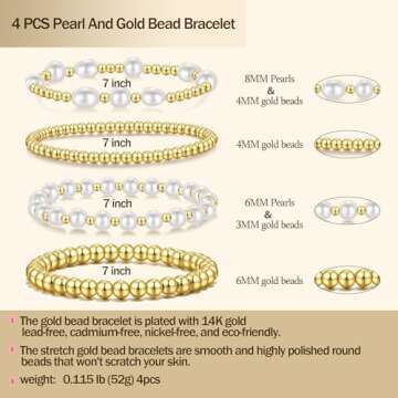 Gold Beaded Bracelets for Women Baroque Pearl Stackable14K Gold Plated Stretch Bead Ball Bracelet Je...