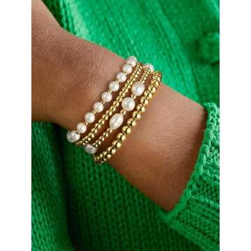 Gold Beaded Bracelets for Women Baroque Pearl Stackable14K Gold Plated Stretch Bead Ball Bracelet Jewelry Gifts （4PCS)