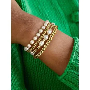 Gold Beaded Bracelets for Women Baroque Pearl Stackable14K Gold Plated Stretch Bead Ball Bracelet Jewelry Gifts （4PCS)