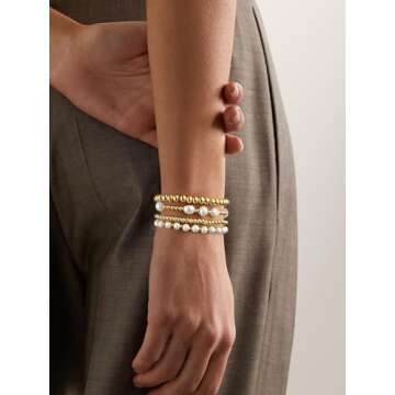 Gold Beaded Bracelets for Women Baroque Pearl Stackable14K Gold Plated Stretch Bead Ball Bracelet Jewelry Gifts （4PCS)