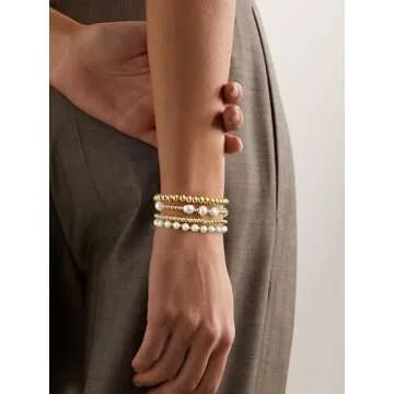 Gold Beaded Bracelets for Women Baroque Pearl Stackable14K Gold Plated Stretch Bead Ball Bracelet Jewelry Gifts （4PCS)