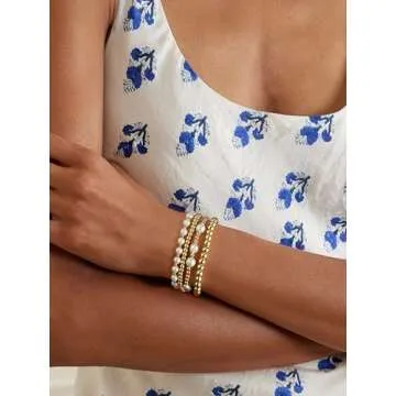 Gold Beaded Bracelets for Women Baroque Pearl Stackable14K Gold Plated Stretch Bead Ball Bracelet Jewelry Gifts （4PCS)