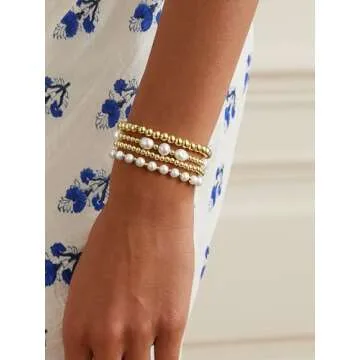 Gold Beaded Bracelets for Women Baroque Pearl Stackable14K Gold Plated Stretch Bead Ball Bracelet Jewelry Gifts （4PCS)