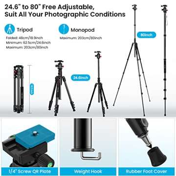 ZIKZOK 80" Camera Tripod,Travel Lightweight Heavy Duty Tripods & Monopods with 360°Ball Head,Phone Holder,33lb Load,Compatible with DSLR Cameras,Smart Phone,Projector,Webcam,Spotting Scopes
