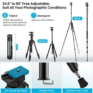 ZIKZOK 80" Camera Tripod,Travel Lightweight Heavy Duty Tripods & Monopods with 360°Ball Head,Phone Holder,33lb Load,Compatible with DSLR Cameras,Smart Phone,Projector,Webcam,Spotting Scopes