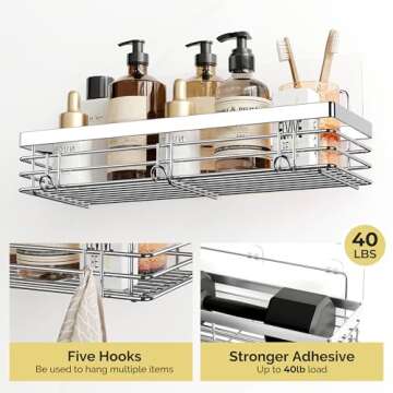 Orimade Shower Caddy with 5 Hooks Organizer for Hanging Razor and Sponge Bathroom Basket Adhesive Sh...