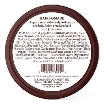 Badger Hair Pomade for Men, 100% Organic, Easy to Use, Subtle Masculine Scent, Medium Hold Hair Pomade with Medium Shine Finish, 2 oz Tin