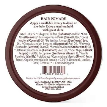 Badger Hair Pomade for Men, 100% Organic, Easy to Use, Subtle Masculine Scent, Medium Hold Hair Poma...