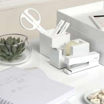 Poppin Desk Tape Dispenser, Stylish Tape Dispenser for Desk, Non-Skid Weighted Base, Includes Roll of Tape (White)