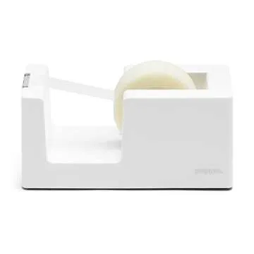 Poppin Desk Tape Dispenser, Stylish Tape Dispenser for Desk, Non-Skid Weighted Base, Includes Roll of Tape (White)