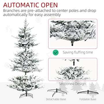 HOMCOM 8 Foot Pine Snow Flocked Artificial Christmas Tree with 1479 Realistic Cedar Branches, Auto Open, Home Holiday Decoration, Green