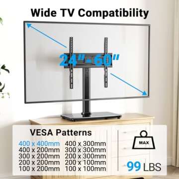 PERLESMITH Universal Swivel TV Stand for 24-60 inch TVs up to 99 lbs, 8 Height Adjustable Table Top TV Stand, TV Base Stand with Tempered Glass Base, Max VESA 400x400mm, PSTVS33