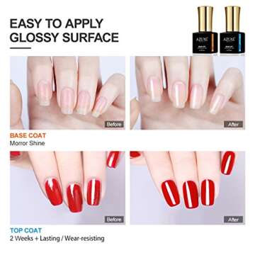 Azurebeauty Gel Base No Wipe Top Coat Set - Long Lasting Need UV LED for Soak Off Gel Nail Polish Set