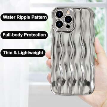 Anuck for iPhone 14 Pro Max Case Wavy Edge Water Ripple Pattern Design, Cute Wave Curly Frame Shape Soft Flexible TPU Shockproof Full-Body Protective Phone Case Cover for Women Girls, Shiny Silver