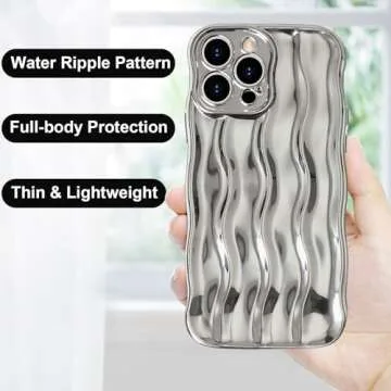 Anuck for iPhone 14 Pro Max Case Wavy Edge Water Ripple Pattern Design, Cute Wave Curly Frame Shape Soft Flexible TPU Shockproof Full-Body Protective Phone Case Cover for Women Girls, Shiny Silver