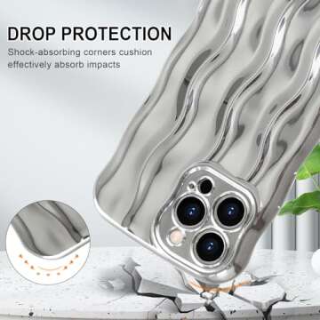 Anuck for iPhone 14 Pro Max Case Wavy Edge Water Ripple Pattern Design, Cute Wave Curly Frame Shape Soft Flexible TPU Shockproof Full-Body Protective Phone Case Cover for Women Girls, Shiny Silver