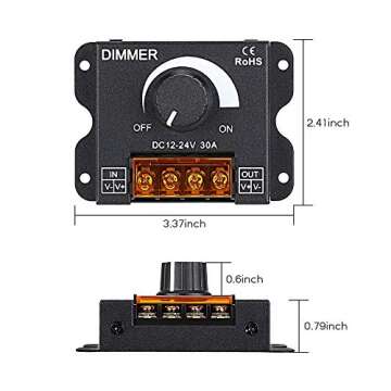 Adjustable LED Light Strip Dimmer - 12V-24V PWM Controller with Rotatable Knob