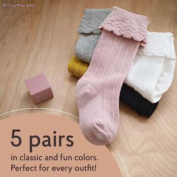 CozyWay Baby Knee High Socks For Baby Girls Infant 6-12 Months 5-5 Pack