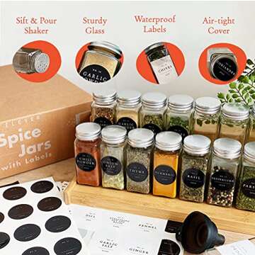 Spice Jars with Label, Glass Spice Jars Glass Empty 4 oz Glass Jars with Lids, Spice Containers with Labels, Seasoning Organizer Spice Labels, Spice Bottles Empty Glass Labels Seasoning Containers