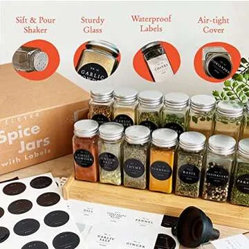 Spice Jars with Label, Glass Spice Jars Glass Empty 4 oz Glass Jars with Lids, Spice Containers with Labels, Seasoning Organizer Spice Labels, Spice Bottles Empty Glass Labels Seasoning Containers
