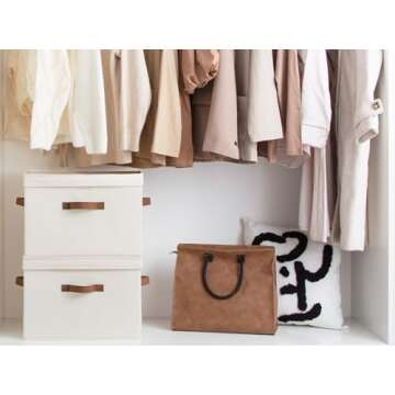 StorageWorks Closet Storage Bin with Lids, Decorative Storage Boxes with Handles, Fabric Storage Bins for Clothes, Large, Ivory White, 2-Pack