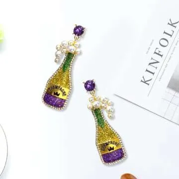 Mardi Gras Earrings Champagne Earrings Champagne Bottle Earrings for Women Pearl Rhinestone Champagn...