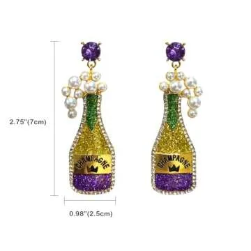 Mardi Gras Earrings Champagne Earrings Champagne Bottle Earrings for Women Pearl Rhinestone Champagne Drop Dangle Earrings Mardi Gras Celebration Holiday Party Earrings Mardi Gras Jewelry Gifts