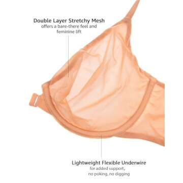 INLYRIC Women's Mesh Front Closure Bras Unlined Sheer Demi Plunge Supportive Comfortable Seamless Underwire Bra Sandstone Skin - Sheer 32A