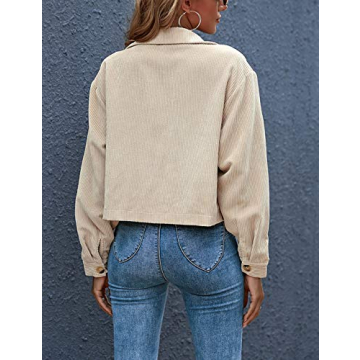 Gihuo Women's Fashion Cropped Shacket Button Down Corduroy Shacket Jackets Casual Plaid Long Sleeve Crop Jackets Tops (Apricot-L)