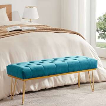 Kingfun Velvet Bedroom Bench with Gold Base&Metal Legs, Tufted Upholstered End of Bed Bench, Indoor Benches for Entryway Dining Living Room Window, Accent Ottoman Bench long Seat Foot Rest Stool(Teal)