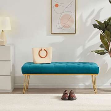 Kingfun Velvet Bedroom Bench with Gold Base&Metal Legs, Tufted Upholstered End of Bed Bench, Indoor Benches for Entryway Dining Living Room Window, Accent Ottoman Bench long Seat Foot Rest Stool(Teal)