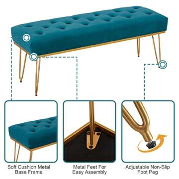 Kingfun Velvet Bedroom Bench with Gold Base&Metal Legs, Tufted Upholstered End of Bed Bench, Indoor Benches for Entryway Dining Living Room Window, Accent Ottoman Bench long Seat Foot Rest Stool(Teal)