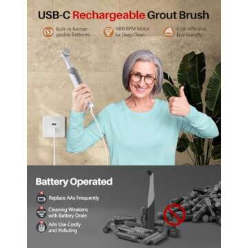 kHelfer Rechargeable Electric Grout Brush with Built-in Battery, Upgraded KH6A Stainless Steel Wire Power Brush & IPX7 Waterproof, Cordless Cleaning Brush & 5 Replacement Heads for Grout, Crevice