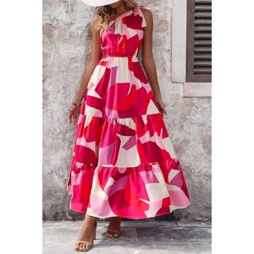 PRETTYGARDEN Women's Summer Floral Maxi Dress Knot One Shoulder Sleeveless Ruffle Flowy Boho Beach Wedding Guest Dresses (Red White Block,Small)