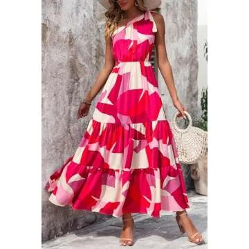 PRETTYGARDEN Women's Summer Floral Maxi Dress Knot One Shoulder Sleeveless Ruffle Flowy Boho Beach Wedding Guest Dresses (Red White Block,Small)