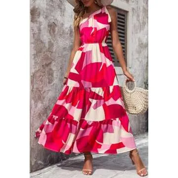 PRETTYGARDEN Women's Summer Floral Maxi Dress Knot One Shoulder Sleeveless Ruffle Flowy Boho Beach Wedding Guest Dresses (Red White Block,Small)
