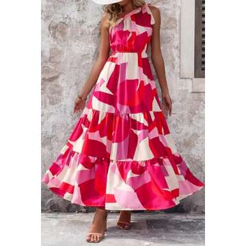 PRETTYGARDEN Women's Summer Floral Maxi Dress Knot One Shoulder Sleeveless Ruffle Flowy Boho Beach Wedding Guest Dresses (Red White Block,Small)