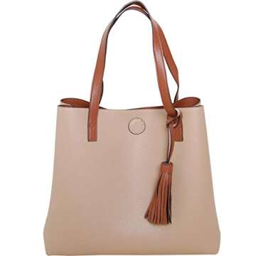 Humble Chic Vegan Leather Tote Bag - Lightweight Reversible Shoulder Handbag Tassel Large Purse (Saddle Brown)