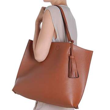 Humble Chic Vegan Leather Tote Bag - Lightweight Reversible Shoulder Handbag Tassel Large Purse (Saddle Brown)