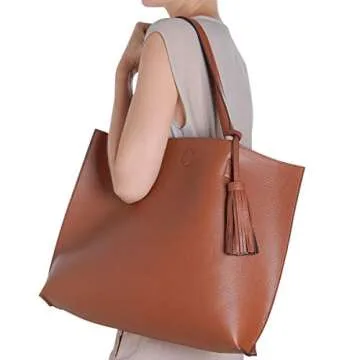Humble Chic Vegan Leather Tote Bag - Lightweight Reversible Shoulder Handbag Tassel Large Purse (Saddle Brown)